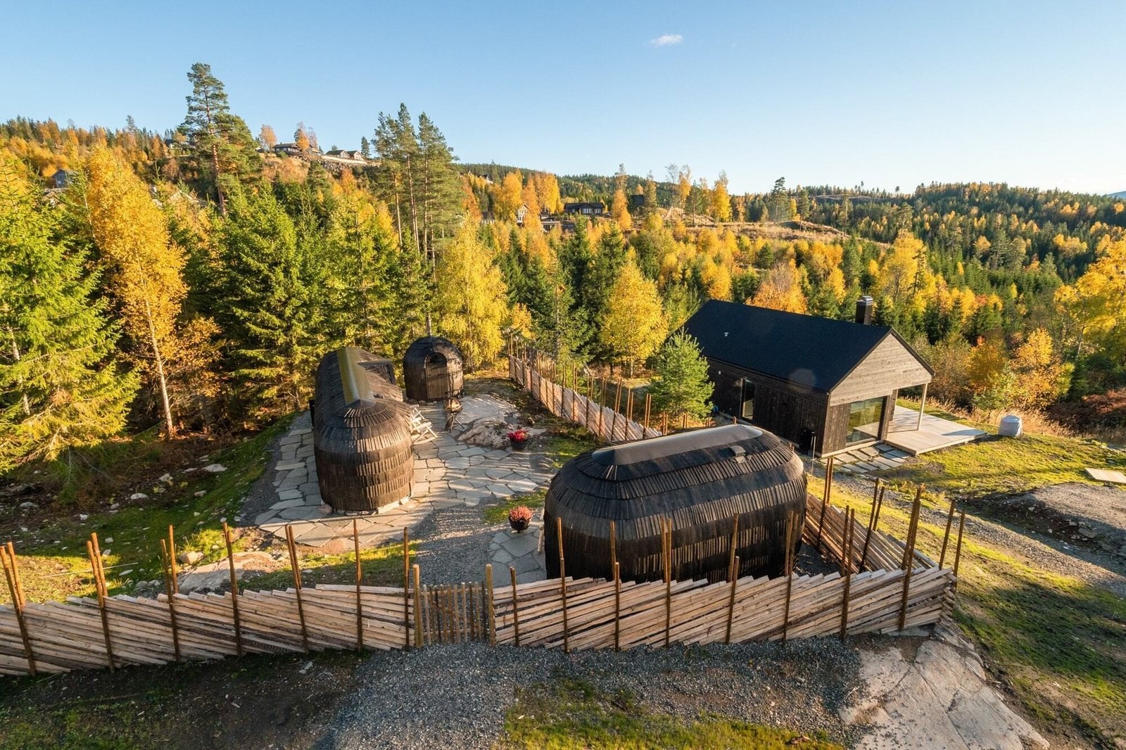 Saunas and cabins in a forested area